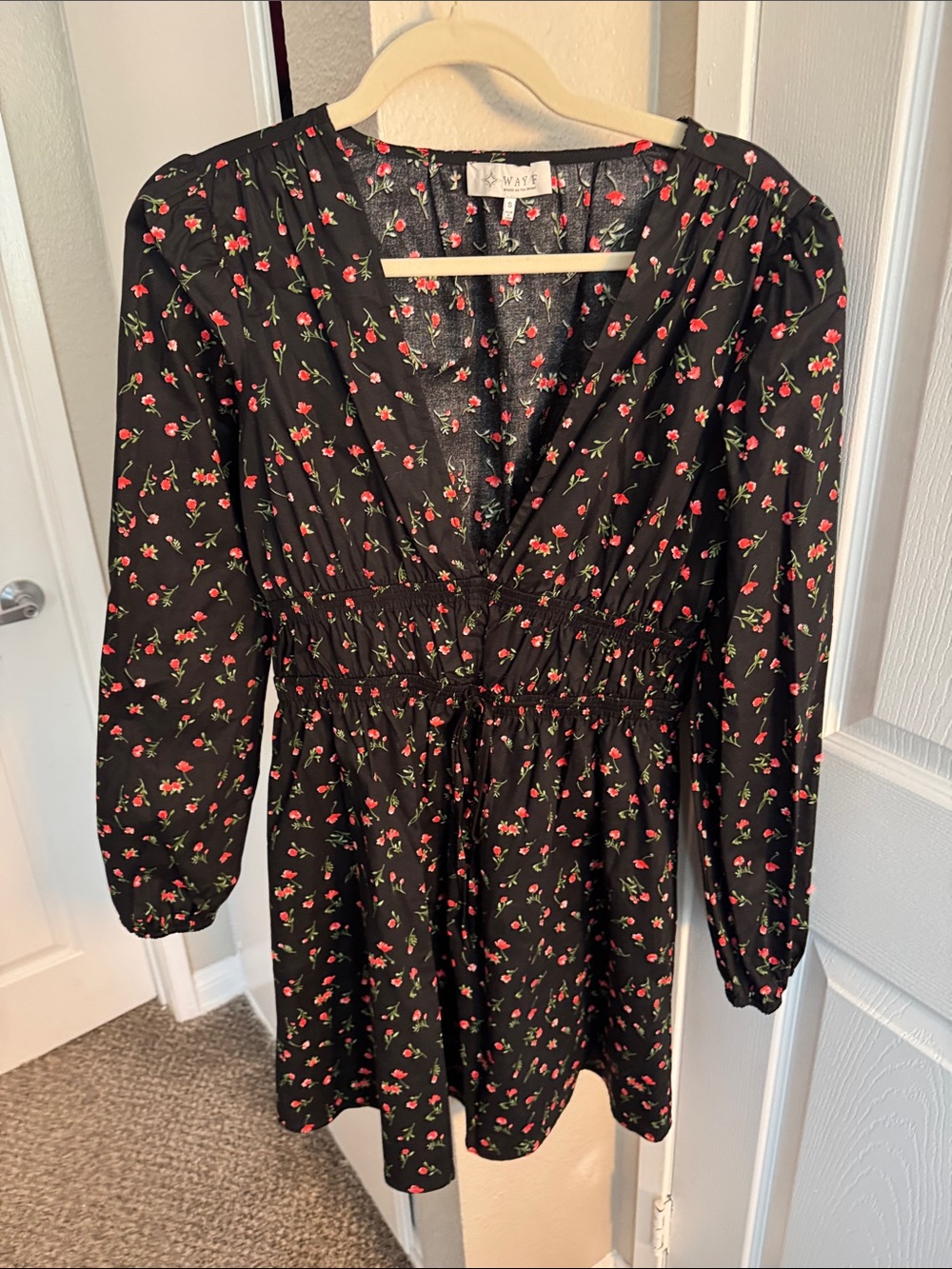 MATE the Label Black Long-Sleeve Floral Smocked Waist Dress